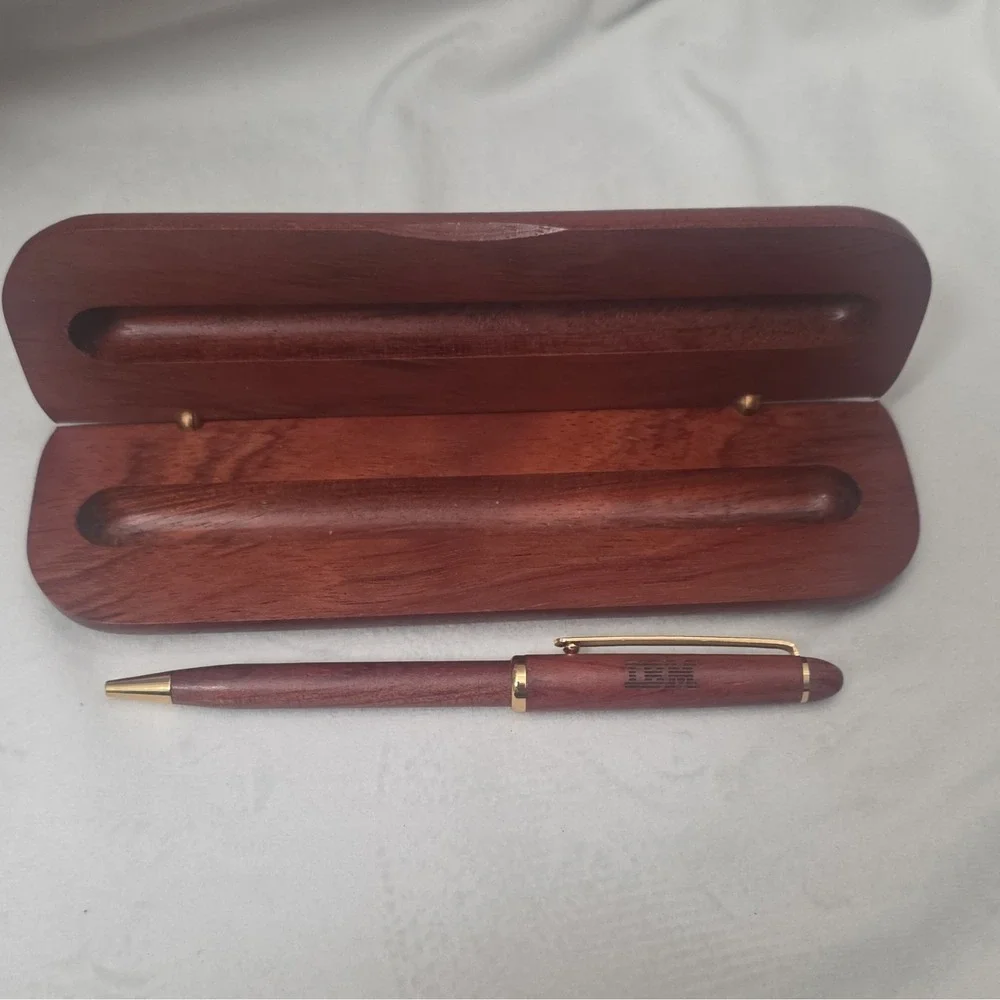 Vintage 1980's-90's-IBM Wood Ballpoint Pen Set with Wooden Case Collectible